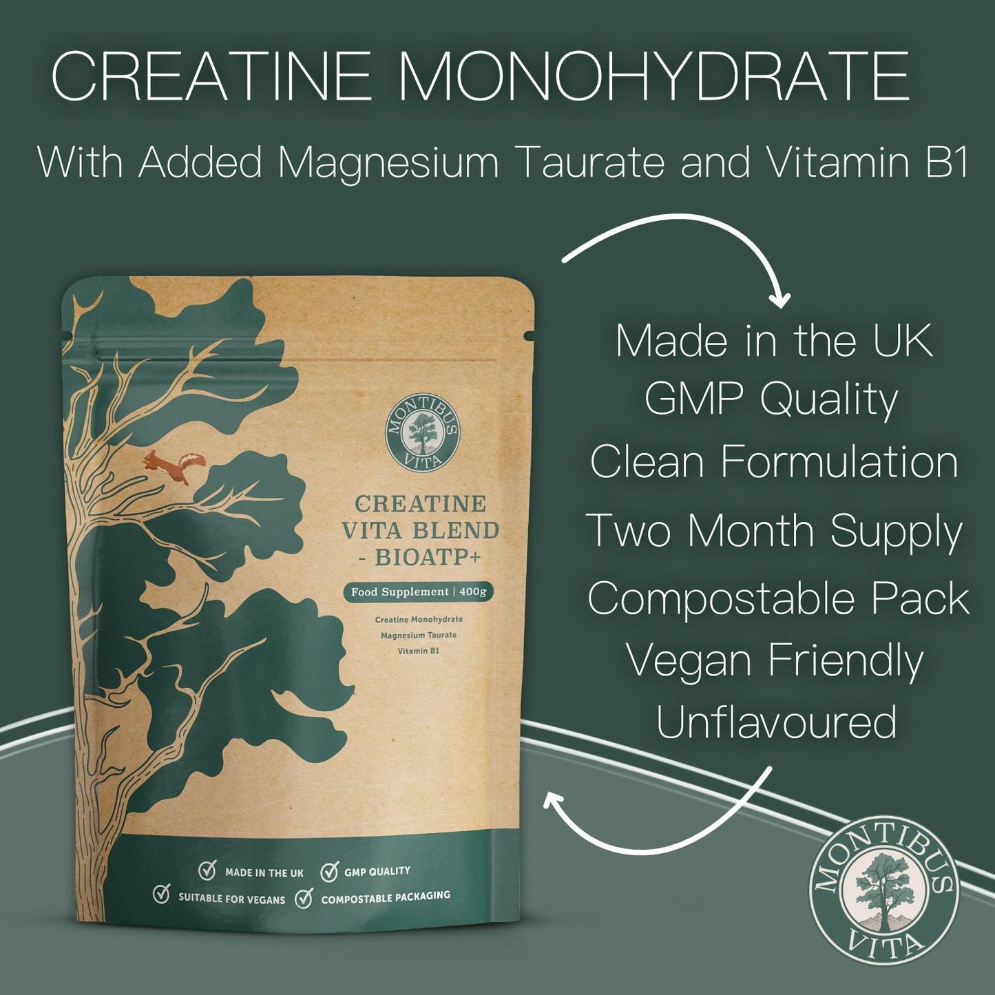 Creatine Monohydrate, Magnesium Taurate and Vitamin B1 (Thiamine HCL)  - BioATP+ Blend - Unflavoured - Two Month Supply - 400g