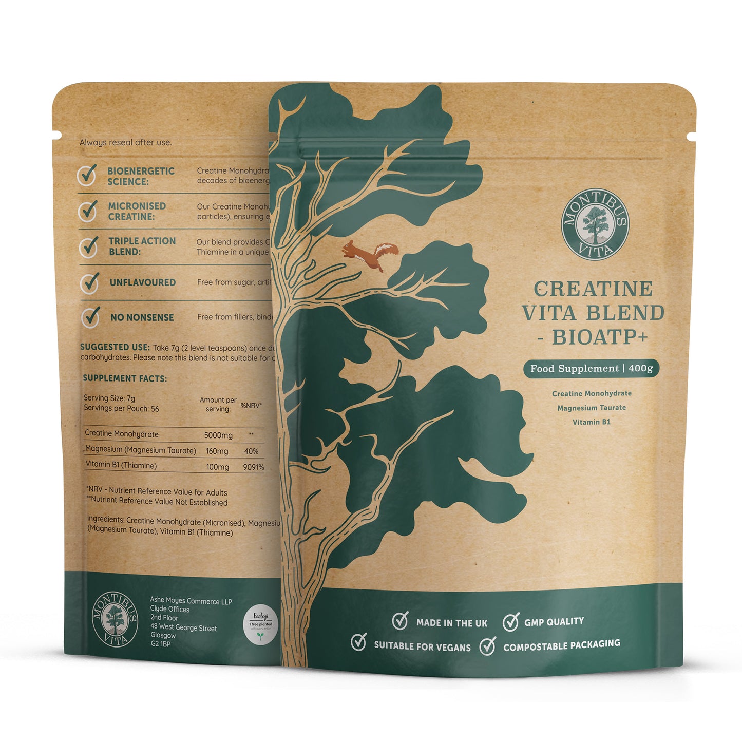 Creatine Monohydrate, Magnesium Taurate and Vitamin B1 (Thiamine HCL)  - BioATP+ Blend - Unflavoured - Two Month Supply - 400g